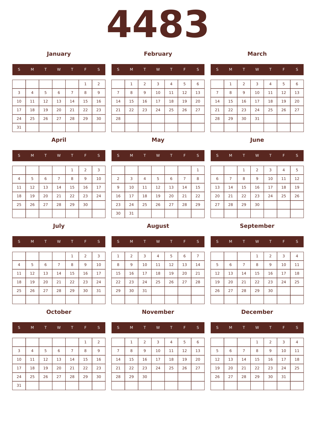 Printable 4483 Year Calendars mortuum