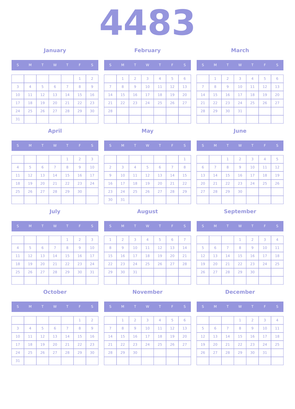 Printable 4483 Year Calendars periwinkle