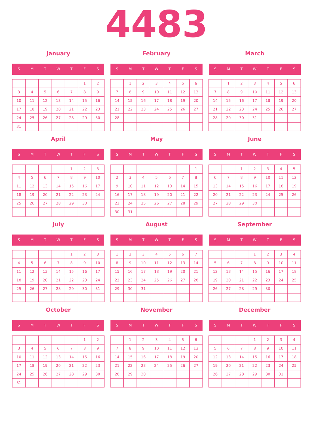 Printable 4483 Year Calendars pink