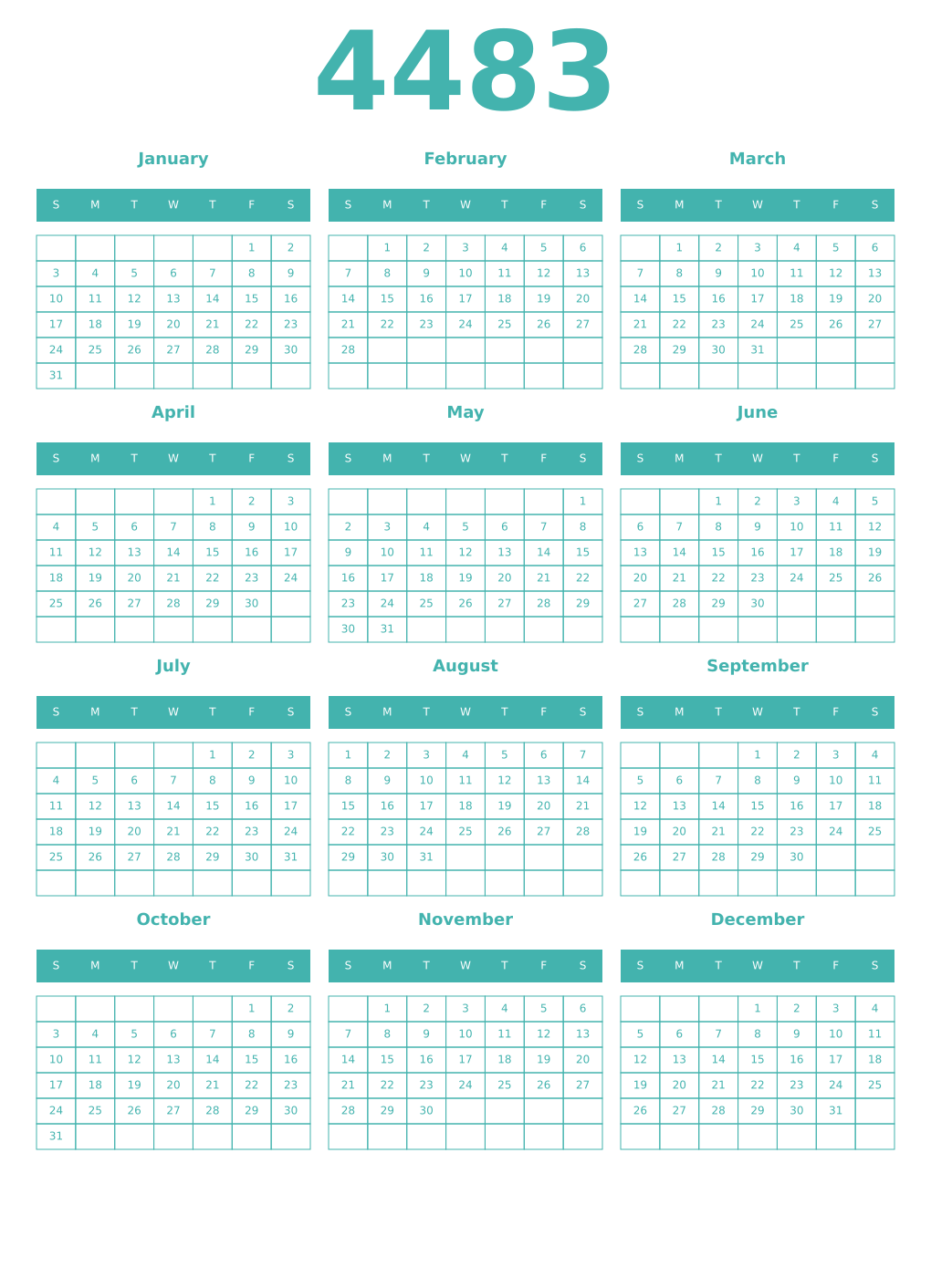 Printable 4483 Year Calendars verdigris