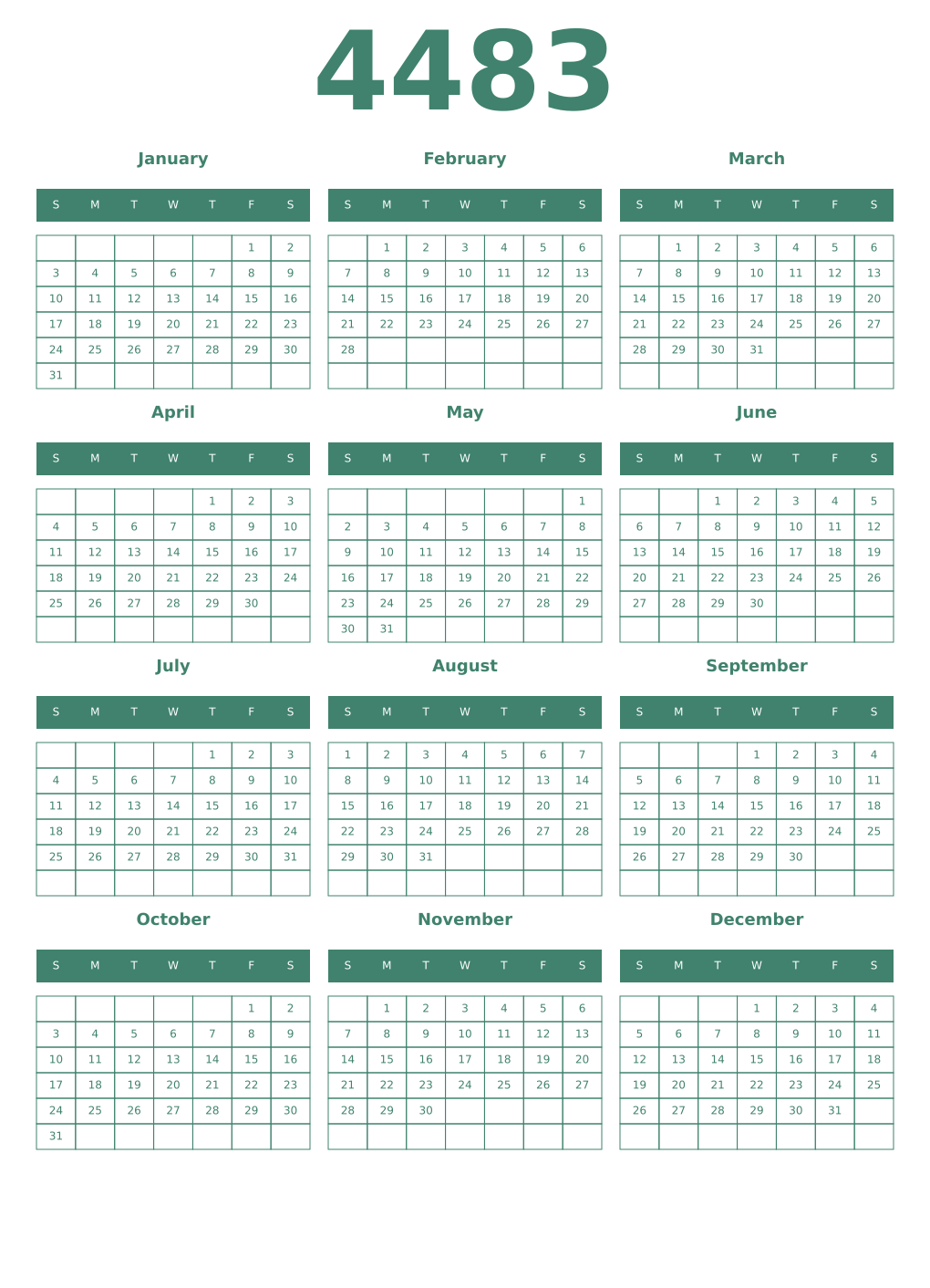 Printable 4483 Year Calendars viridian