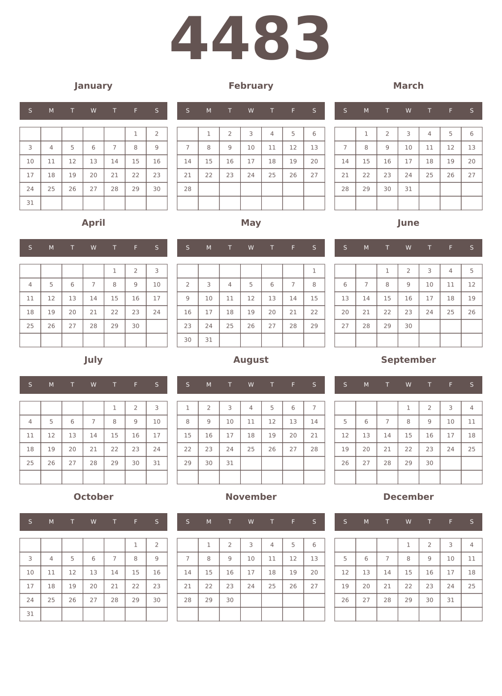 Printable 4483 Year Calendars wenge