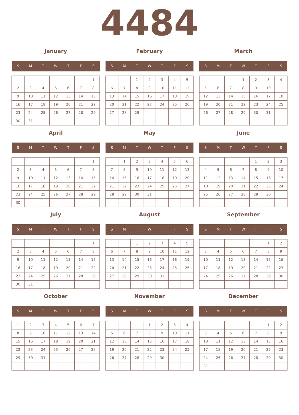 Printable 4484 Year Calendars coffe