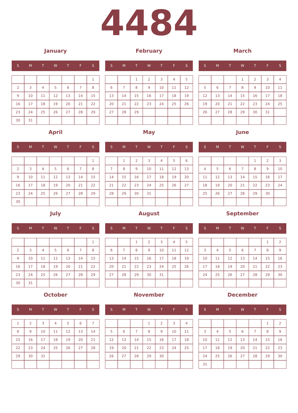 Printable 4484 Year Calendars cordovan