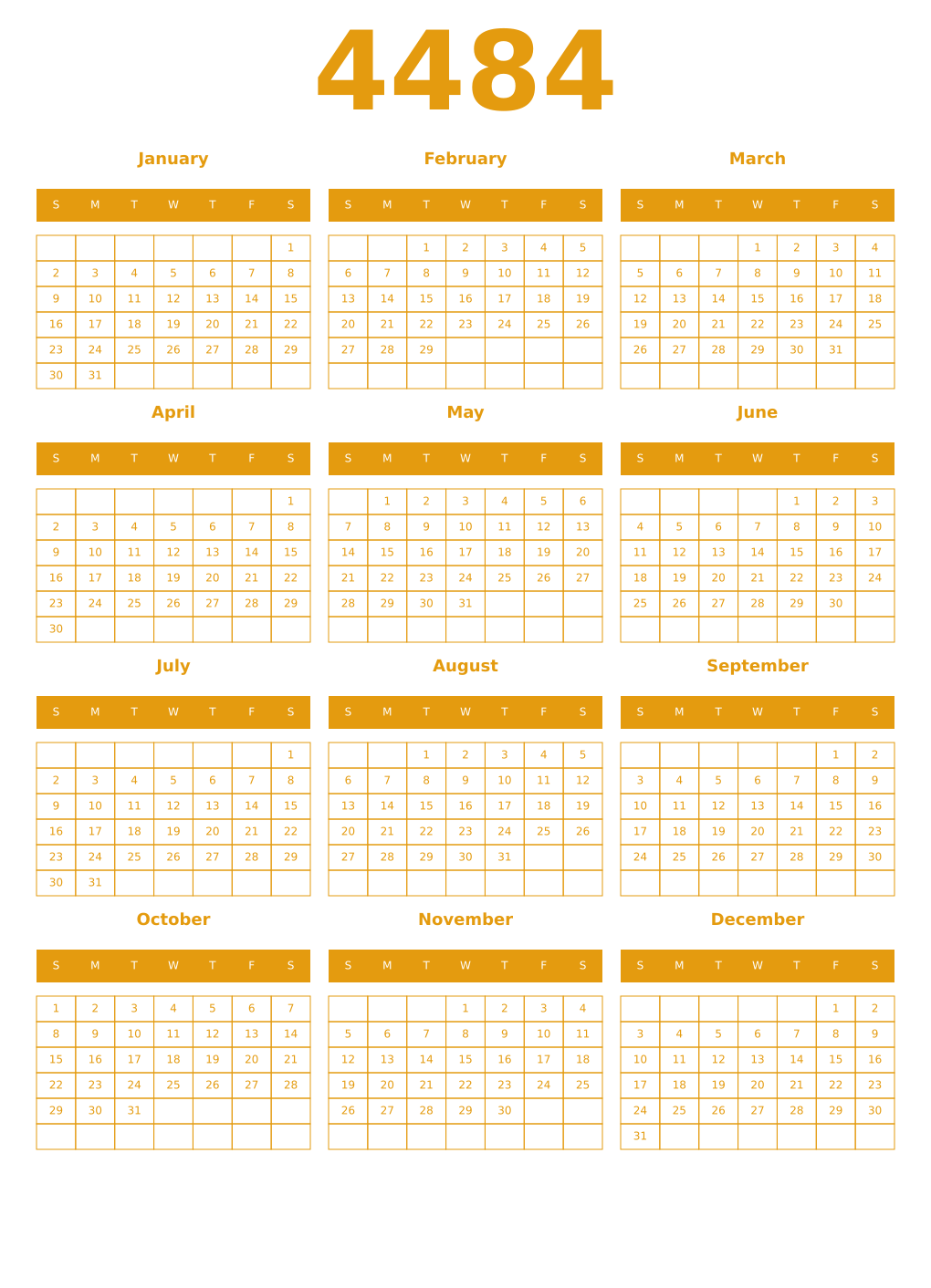 Printable 4484 Year Calendars gamboge