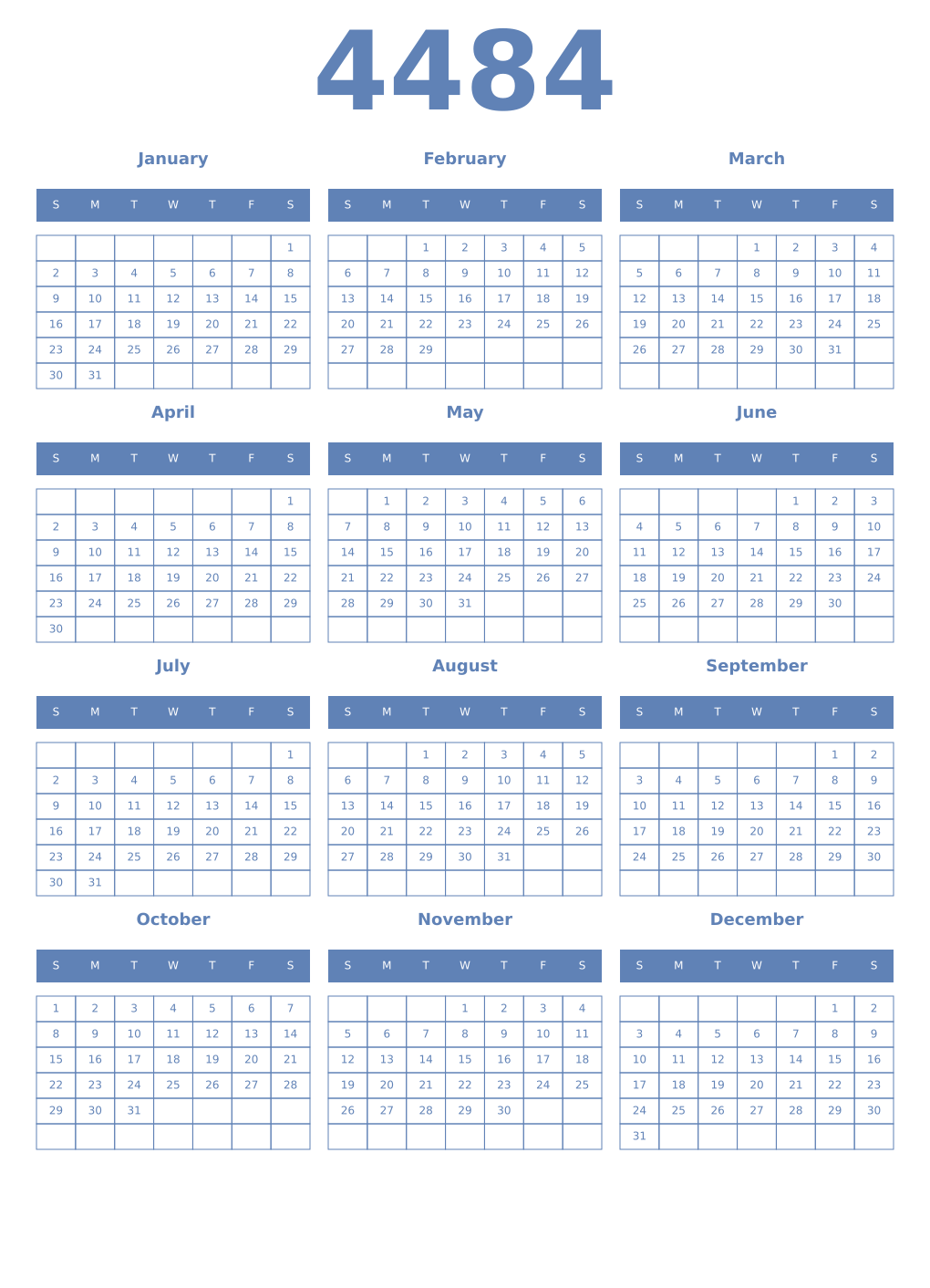 Printable 4484 Year Calendars glaucous