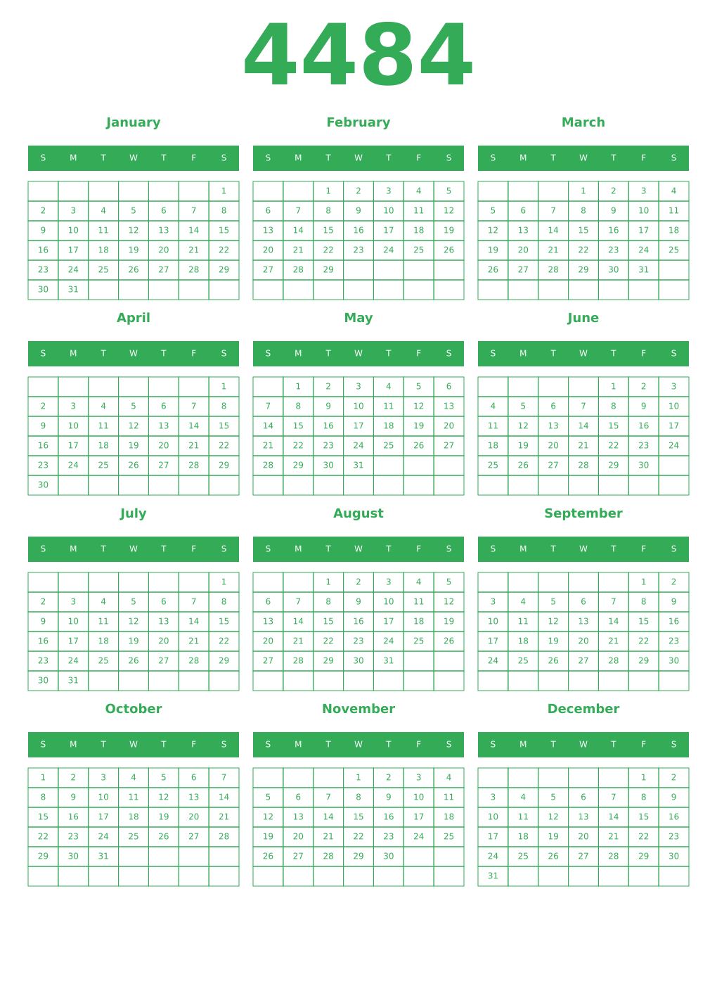 Printable 4484 Year Calendars green