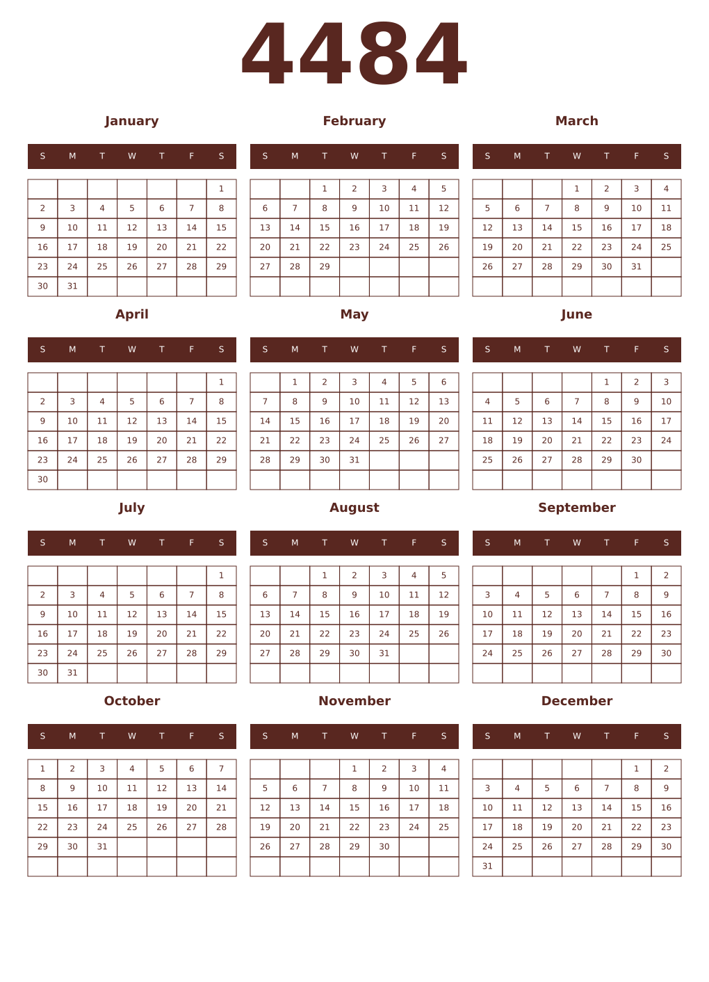 Printable 4484 Year Calendars mortuum