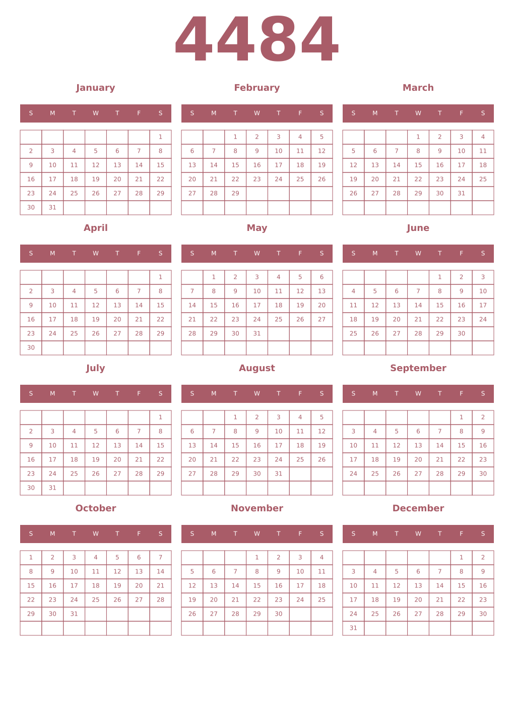Printable 4484 Year Calendars puce