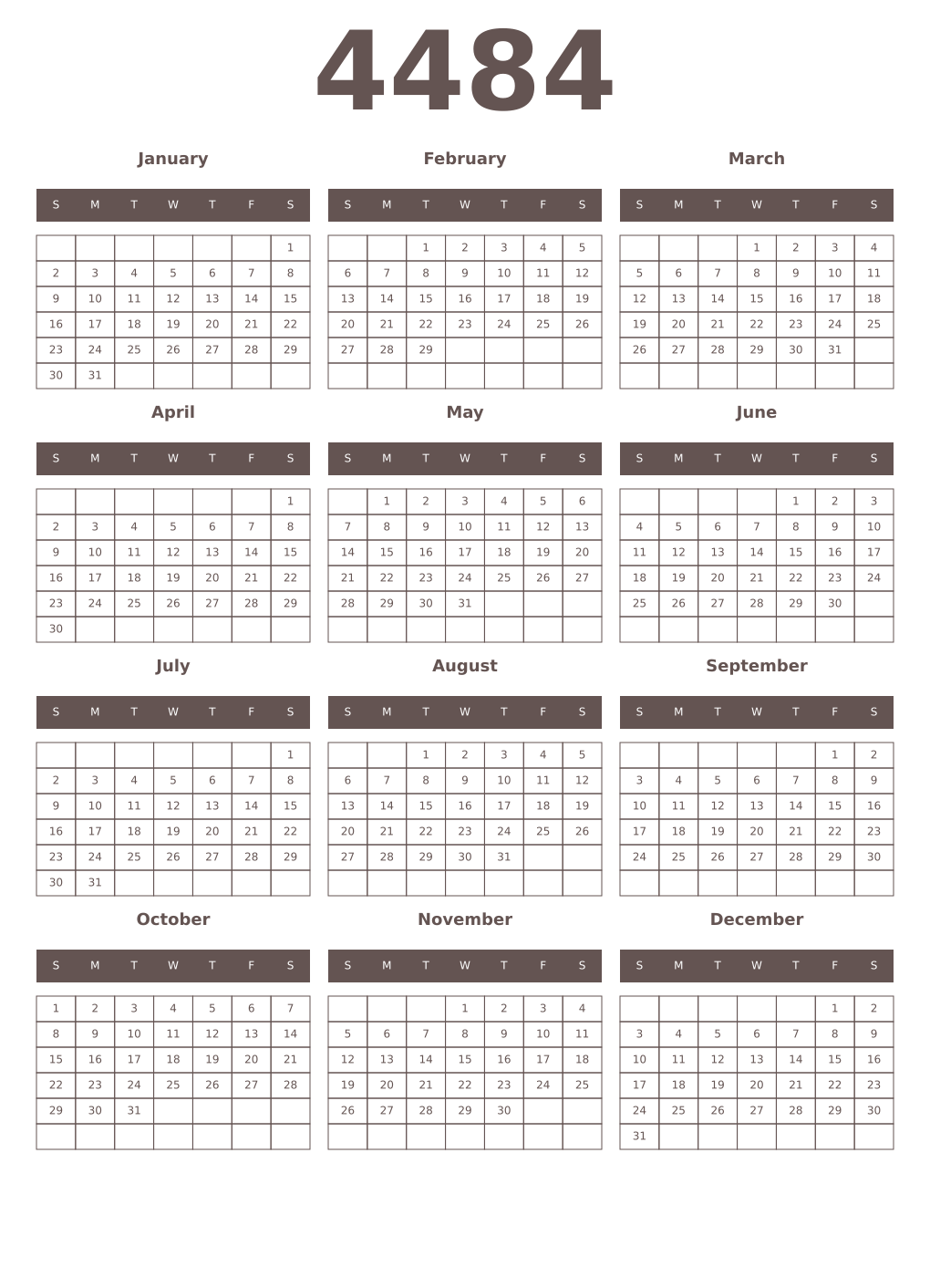 Printable 4484 Year Calendars wenge