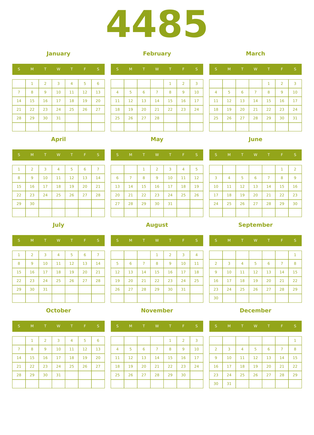 Printable 4485 Year Calendars chartreuse