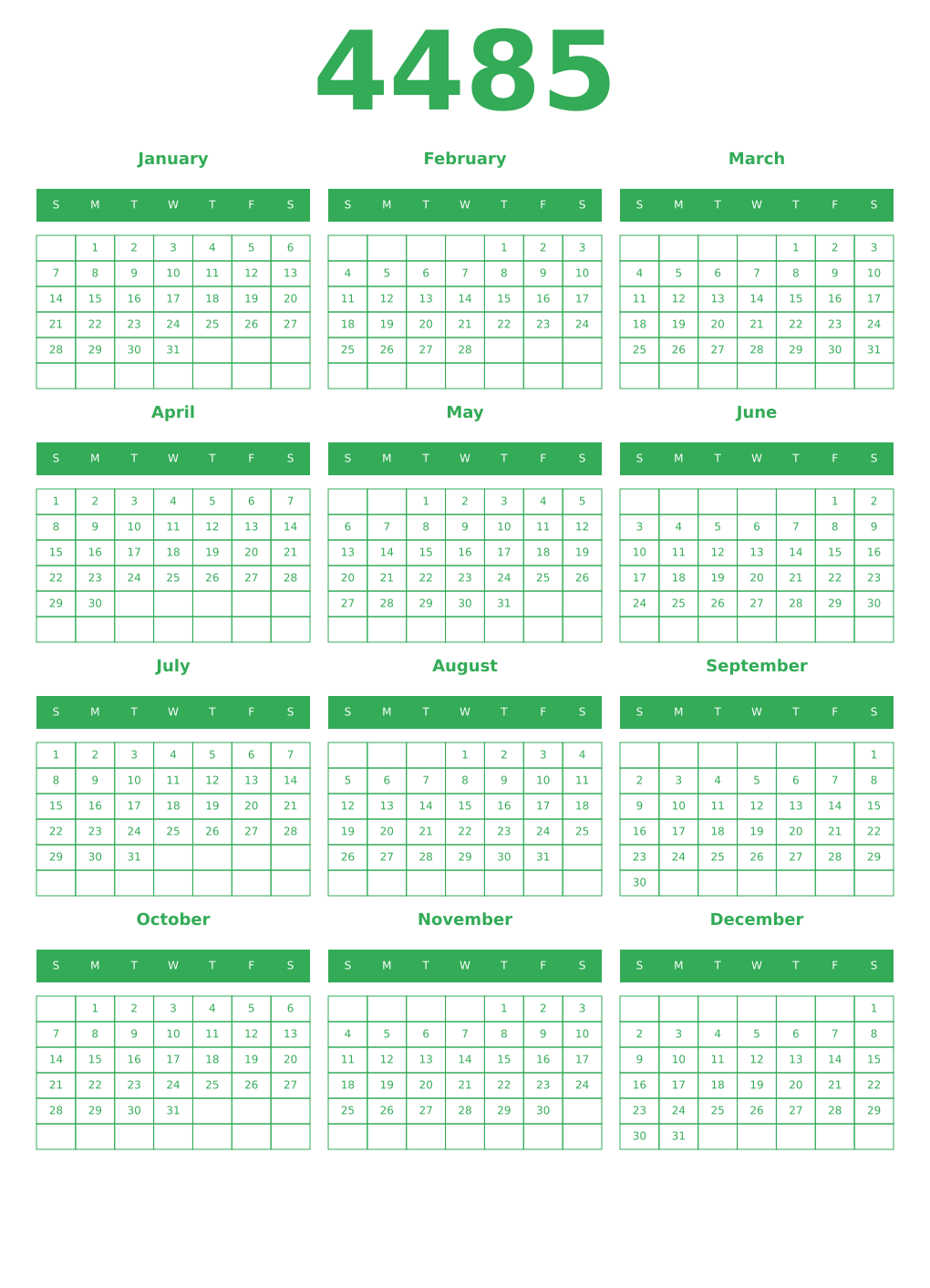 Printable 4485 Year Calendars green