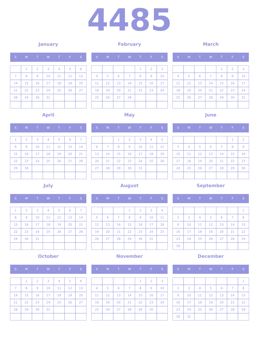 Printable 4485 Year Calendars periwinkle