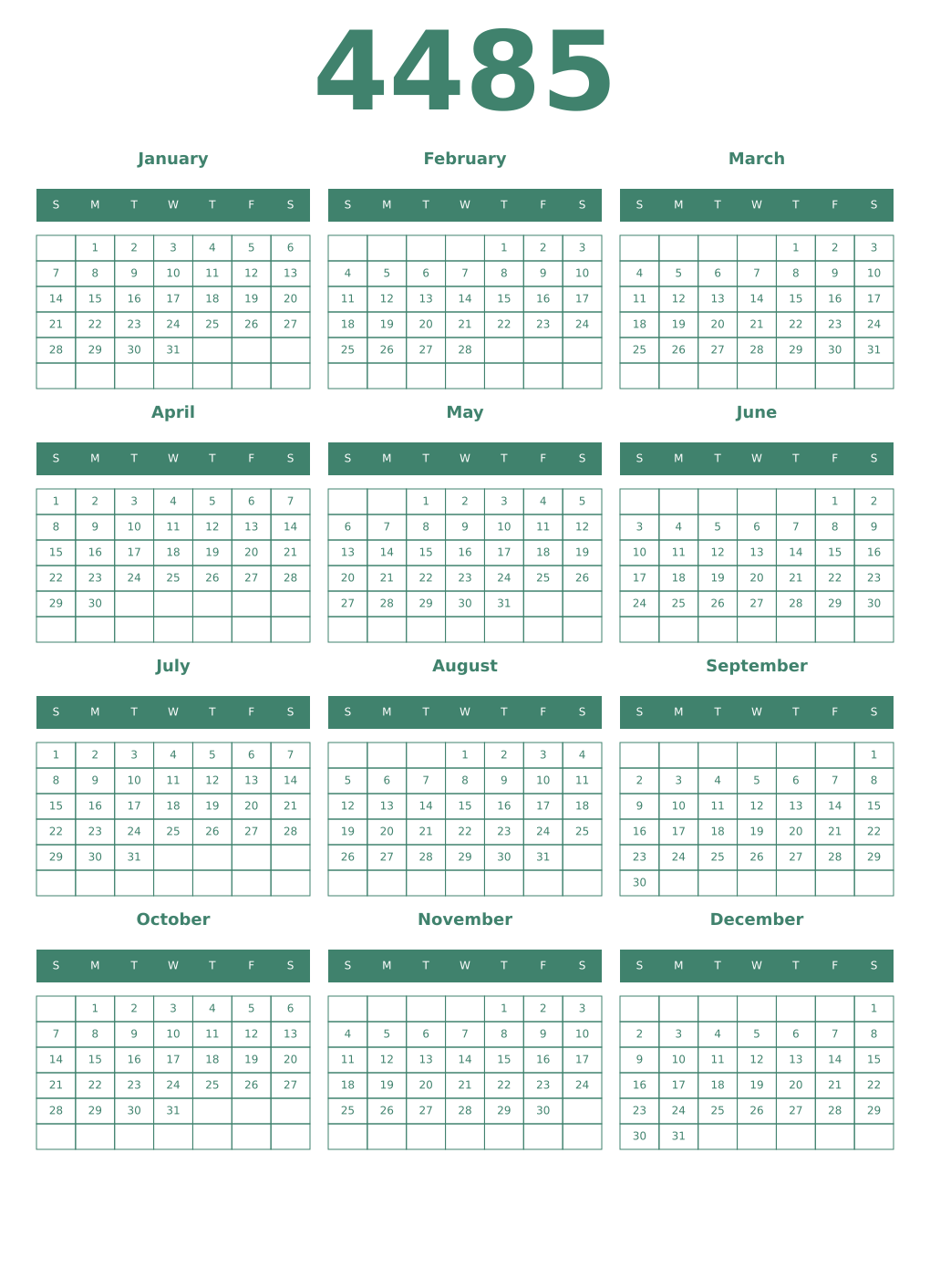 Printable 4485 Year Calendars viridian