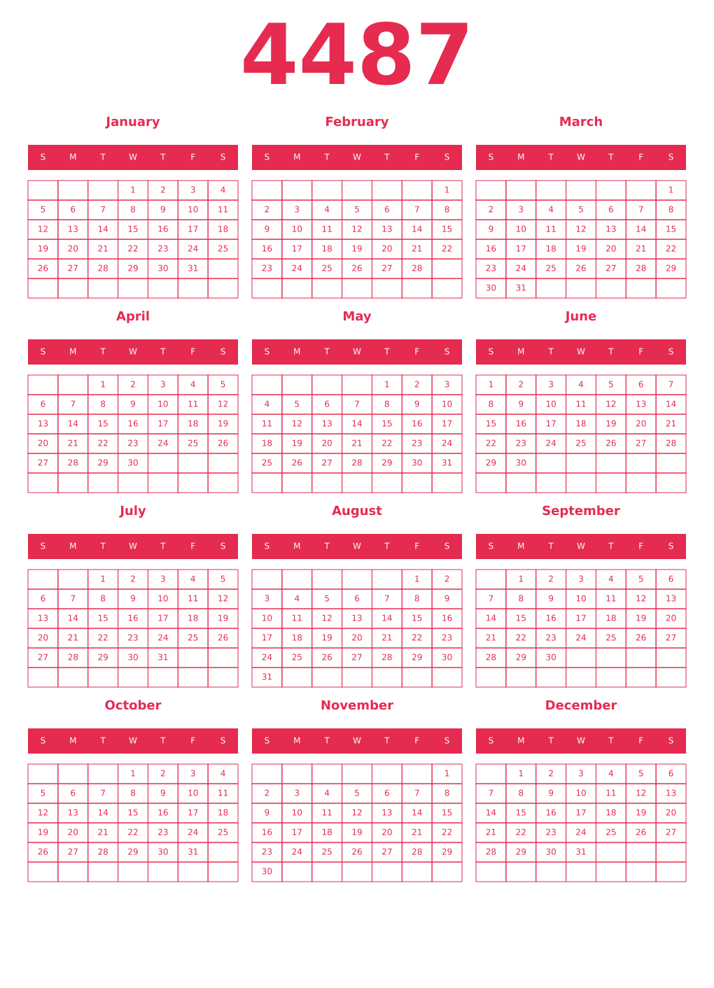 Printable 4487 Year Calendars amaranth