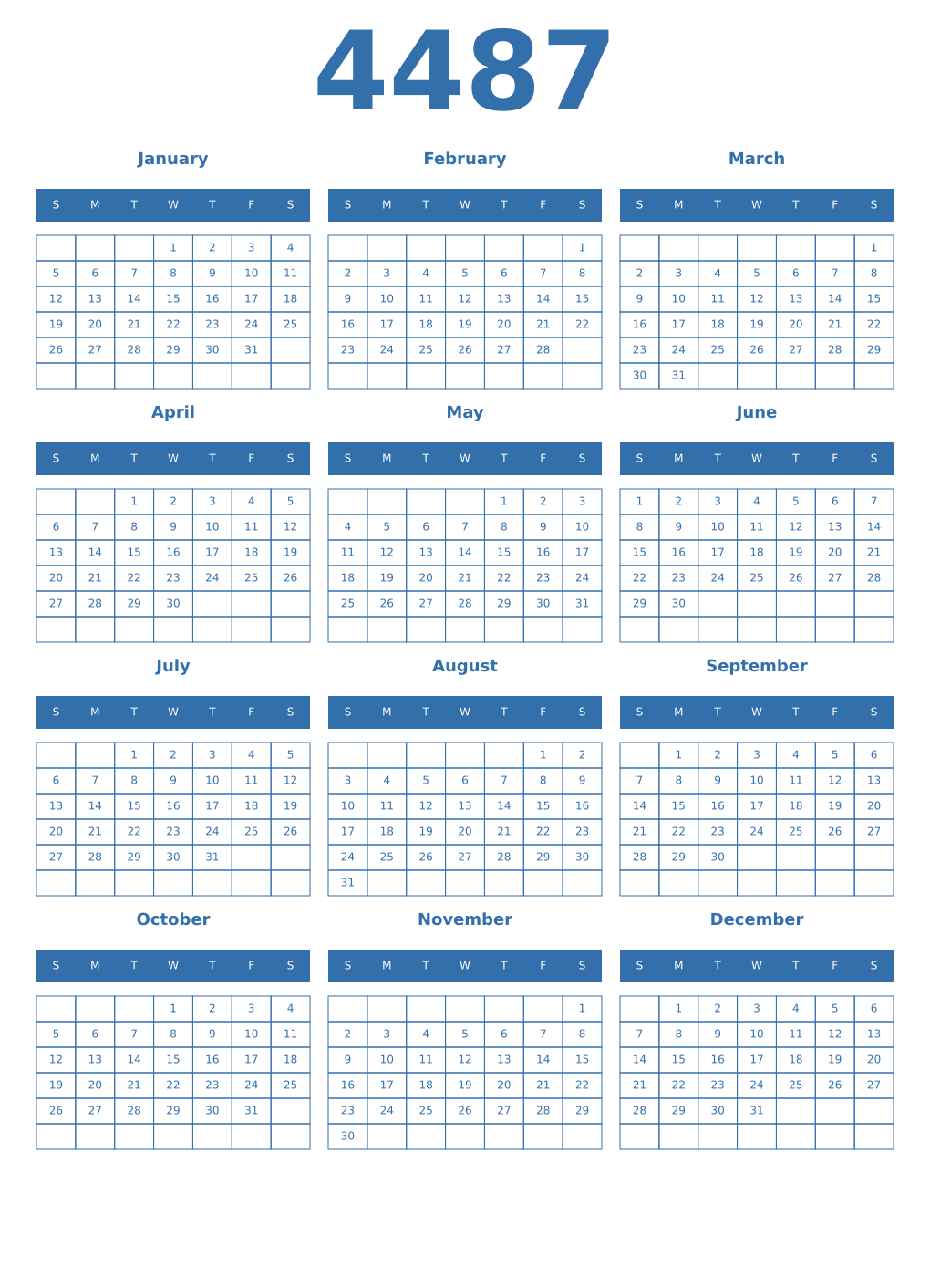 Printable 4487 Year Calendars blue