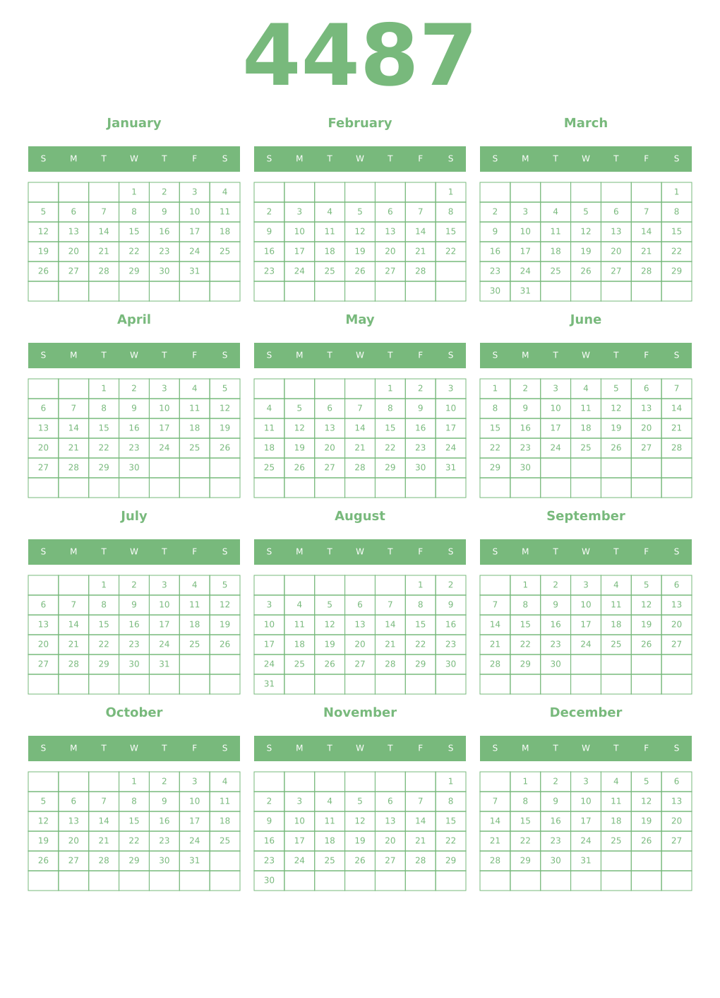 Printable 4487 Year Calendars celadon