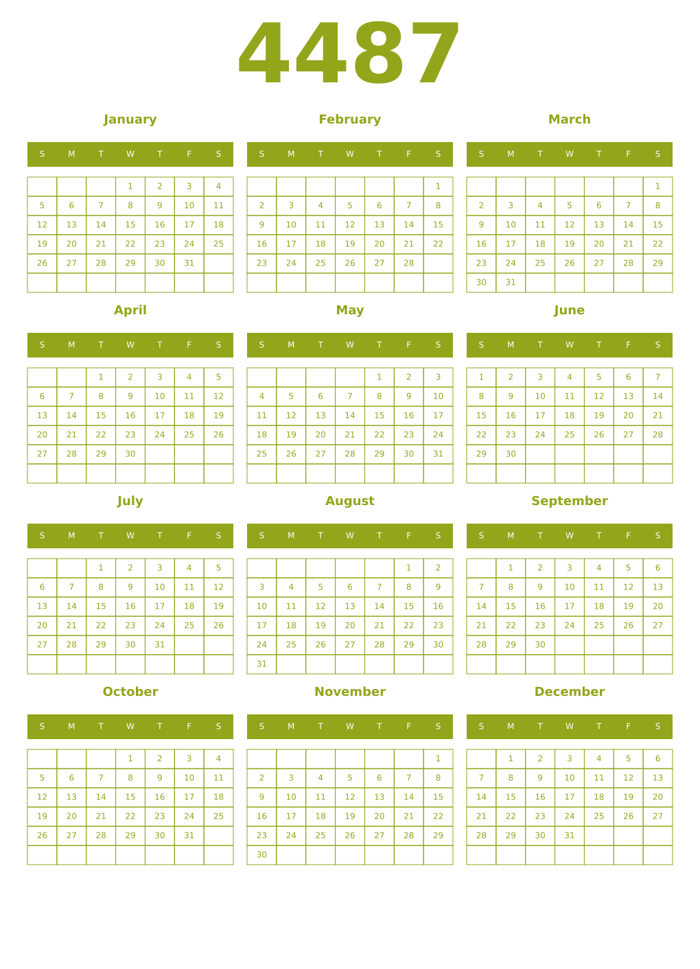 Printable 4487 Year Calendars chartreuse