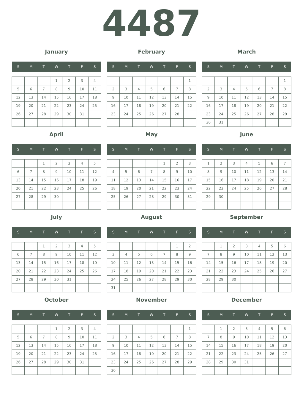 Printable 4487 Year Calendars feldgrau