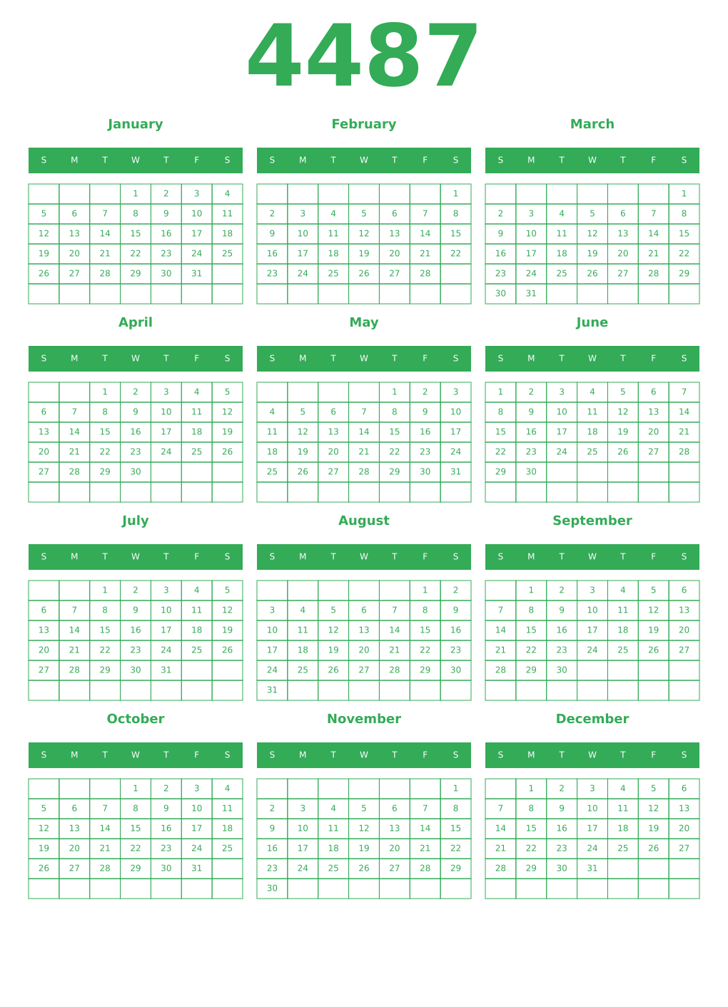 Printable 4487 Year Calendars green