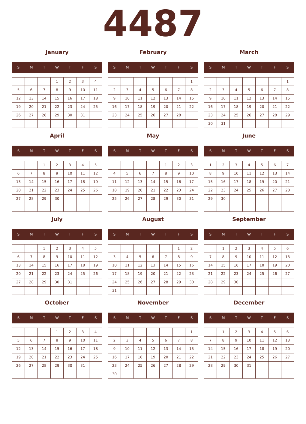 Printable 4487 Year Calendars mortuum