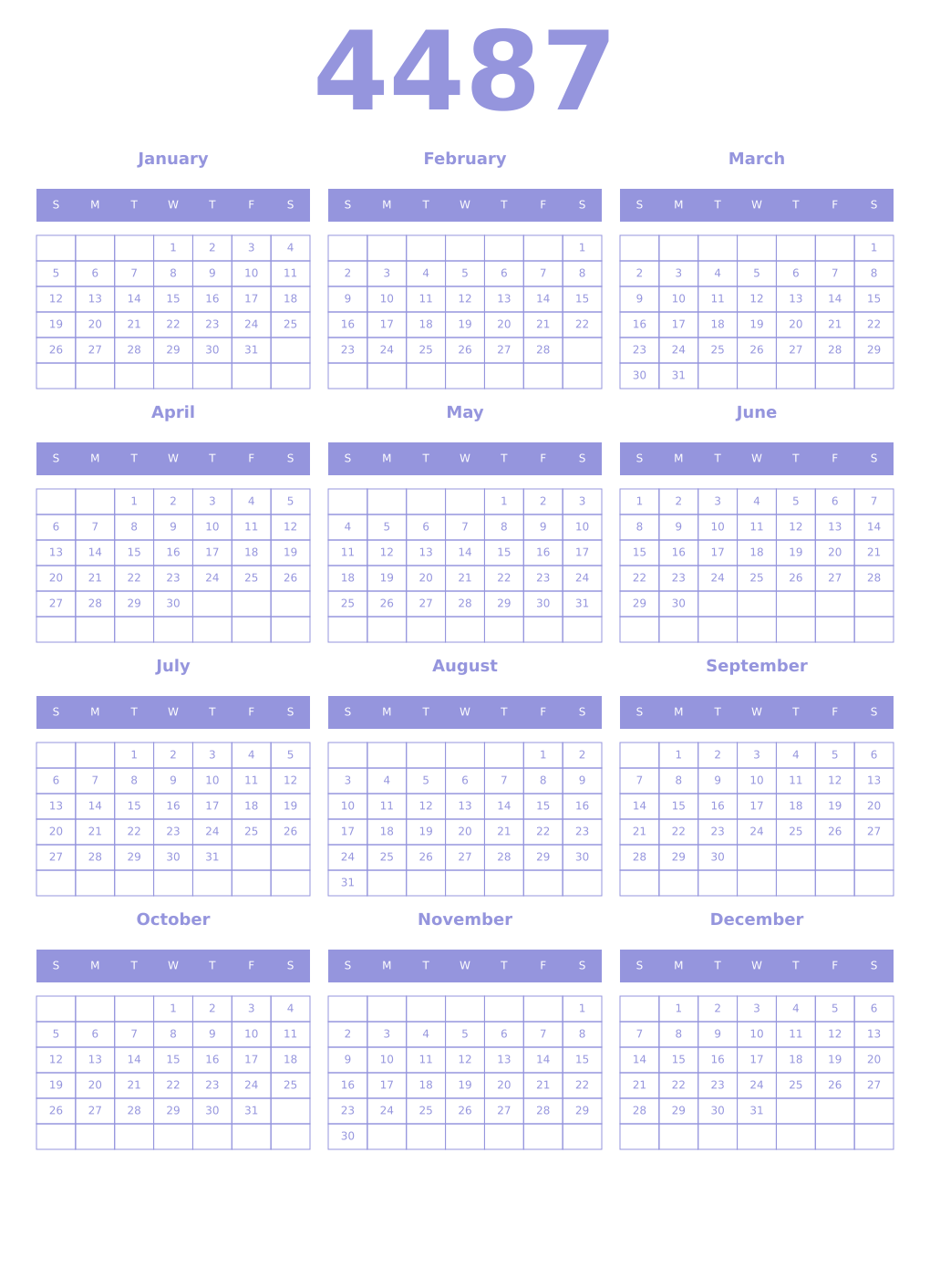 Printable 4487 Year Calendars periwinkle