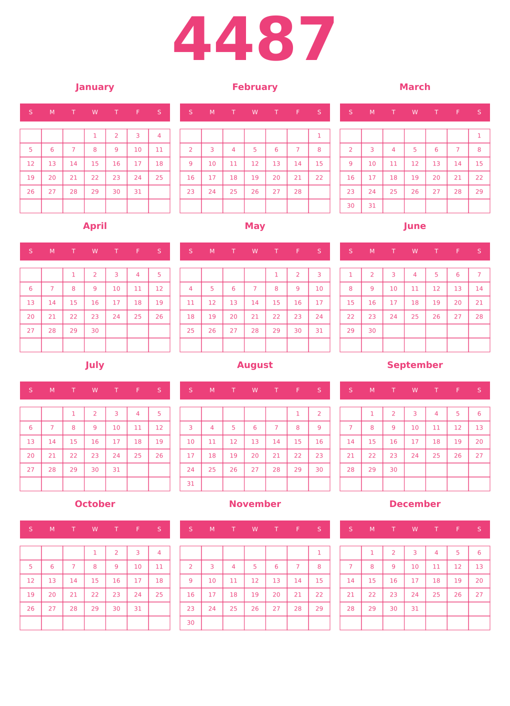Printable 4487 Year Calendars pink
