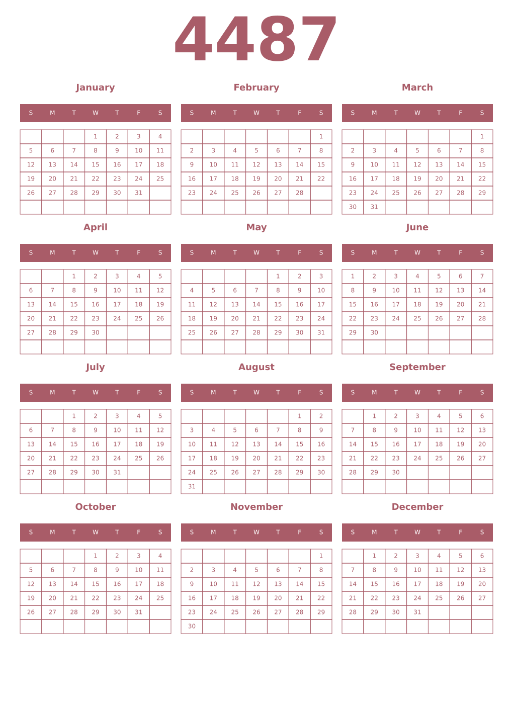 Printable 4487 Year Calendars puce
