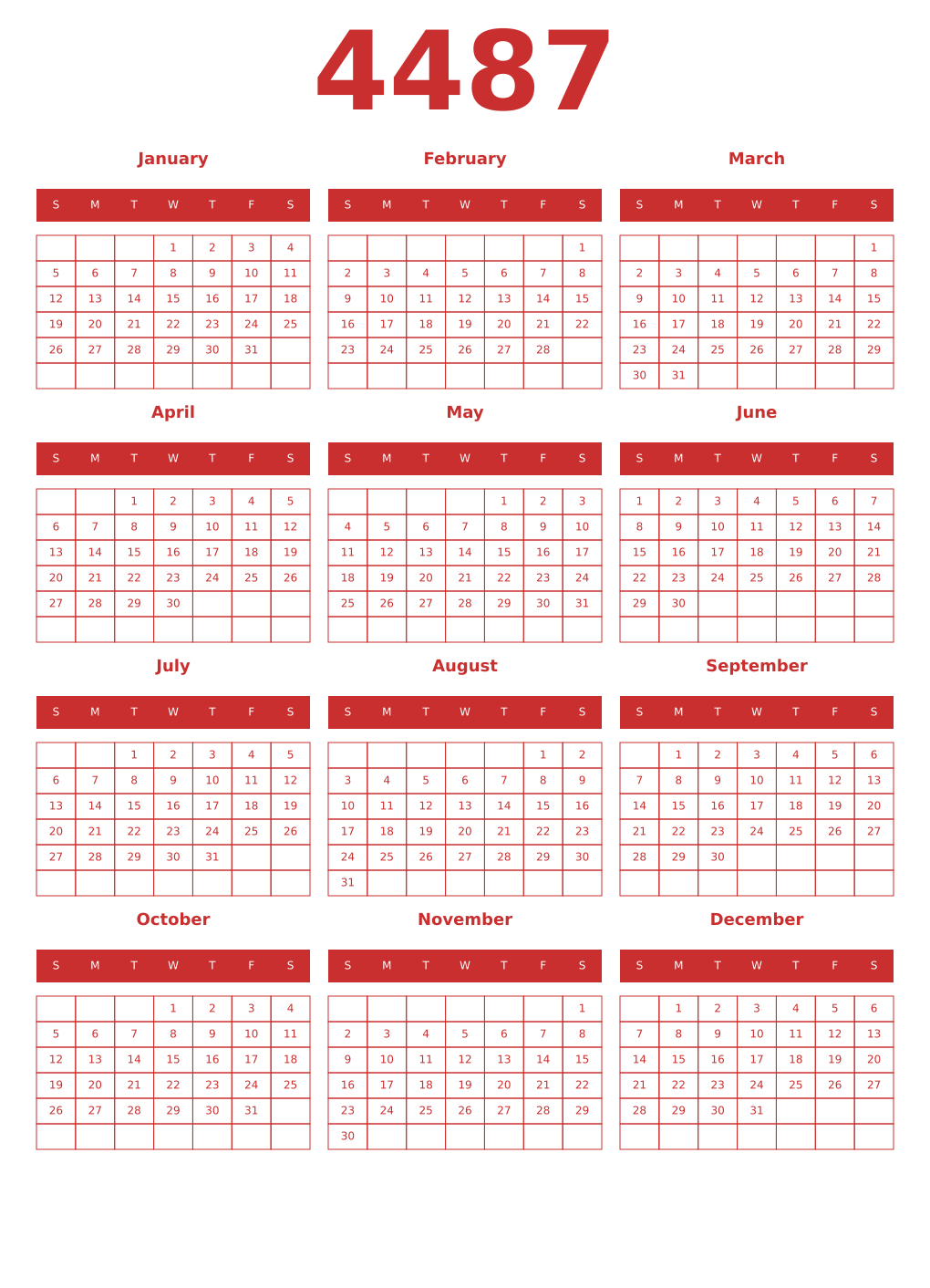 Printable 4487 Year Calendars red