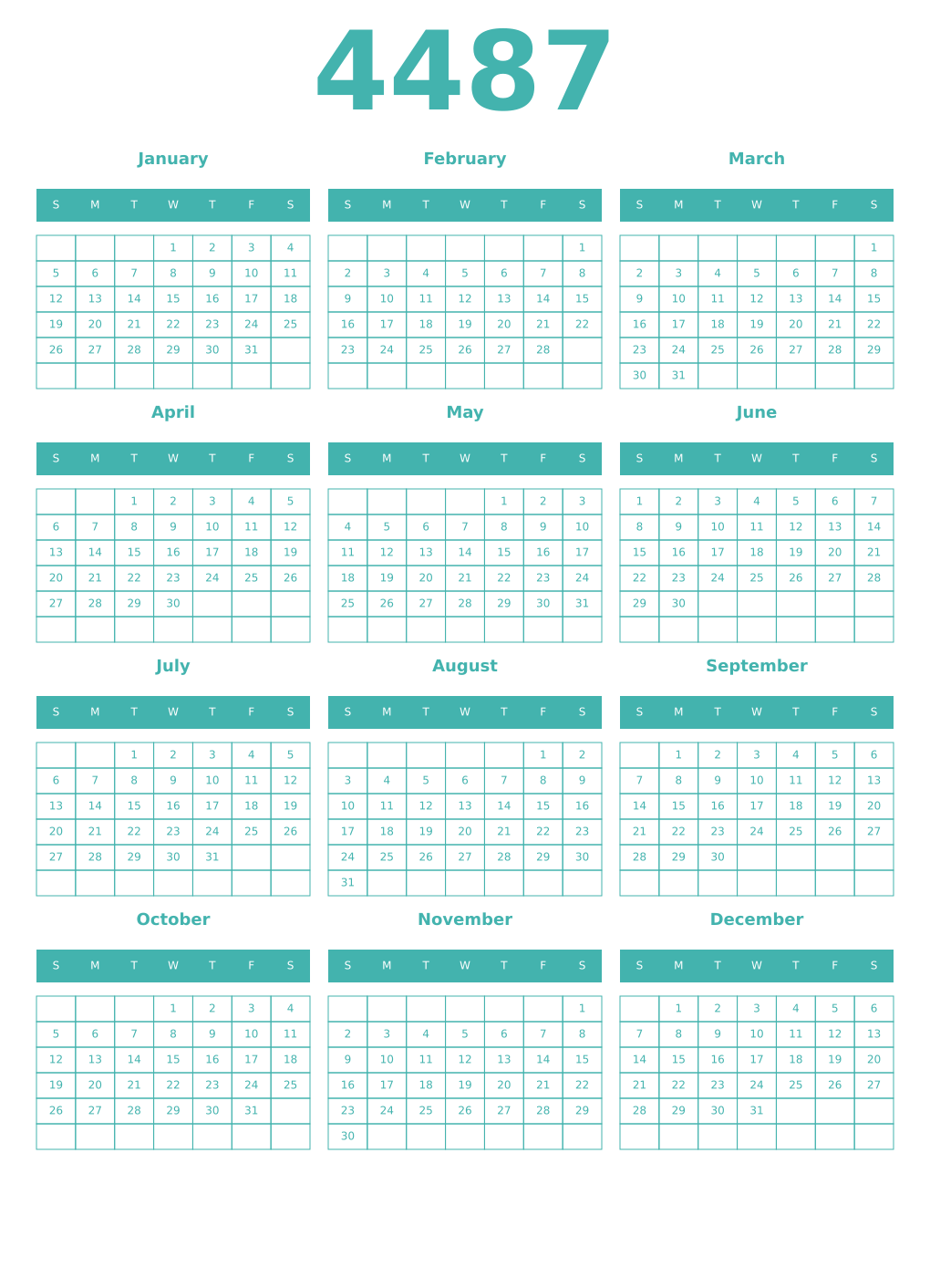 Printable 4487 Year Calendars verdigris