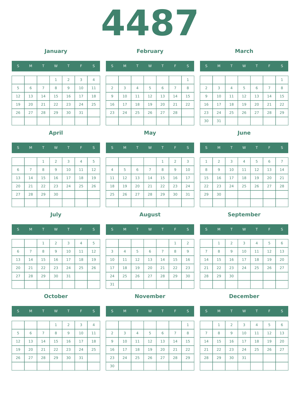 Printable 4487 Year Calendars viridian