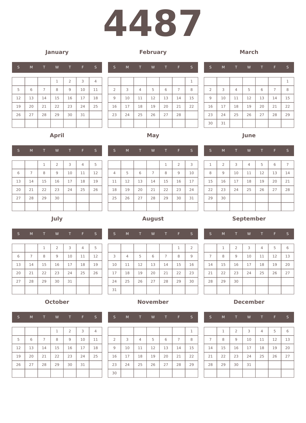 Printable 4487 Year Calendars wenge