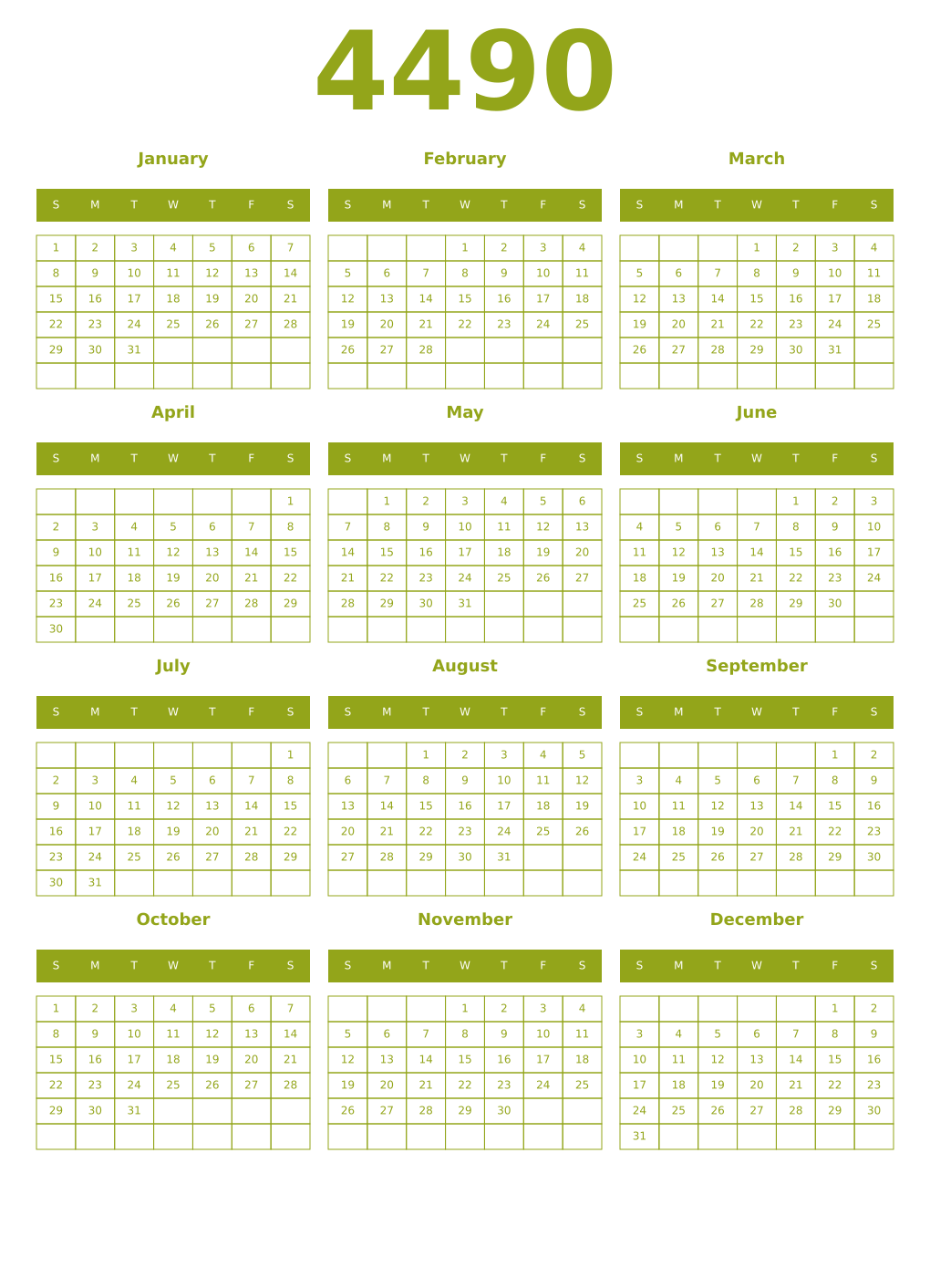 Printable 4490 Year Calendars chartreuse