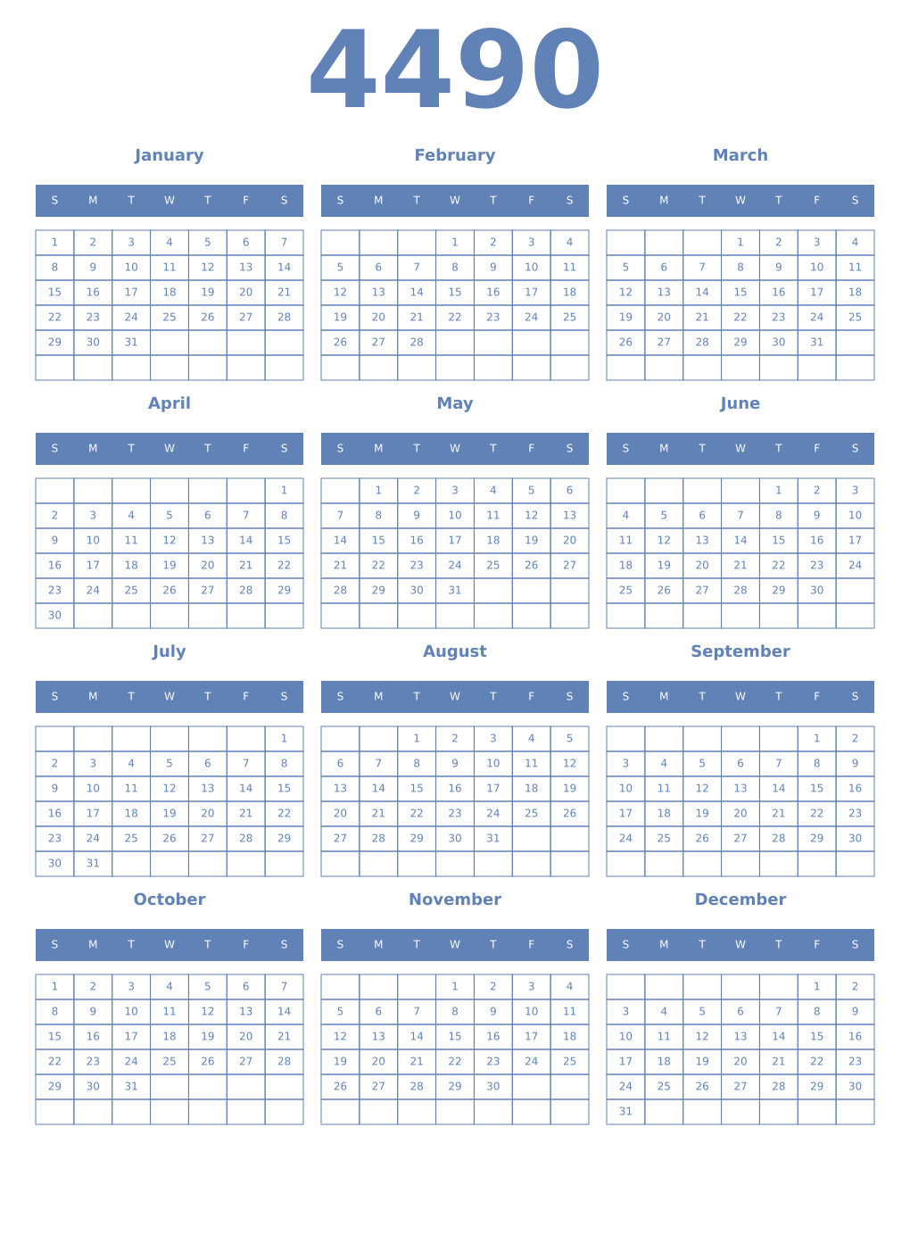 Printable 4490 Year Calendars glaucous