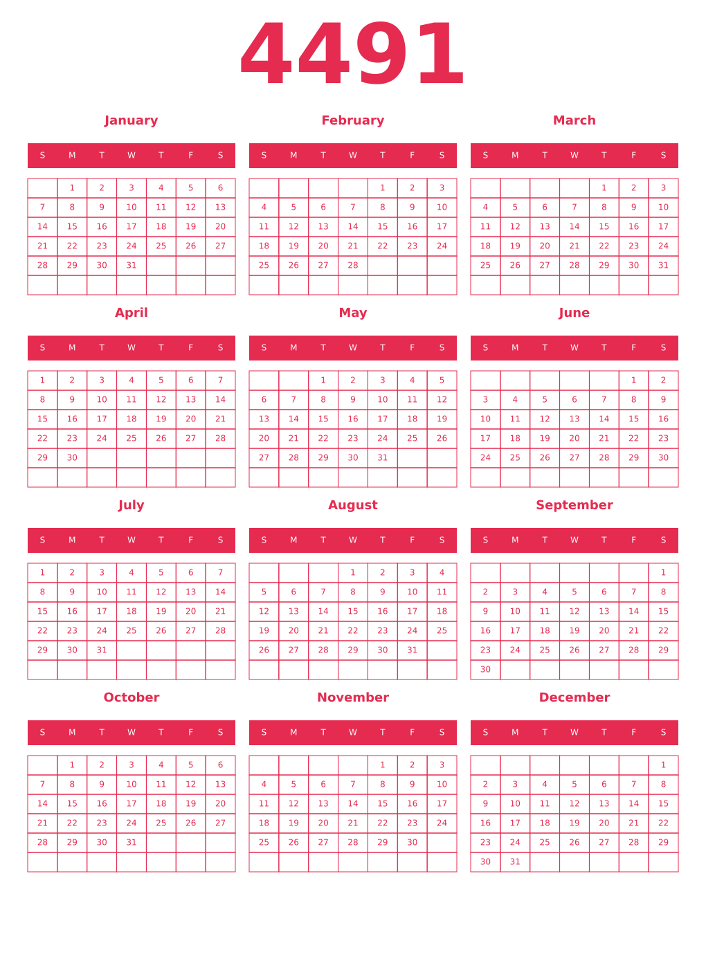 Printable 4491 Year Calendars amaranth