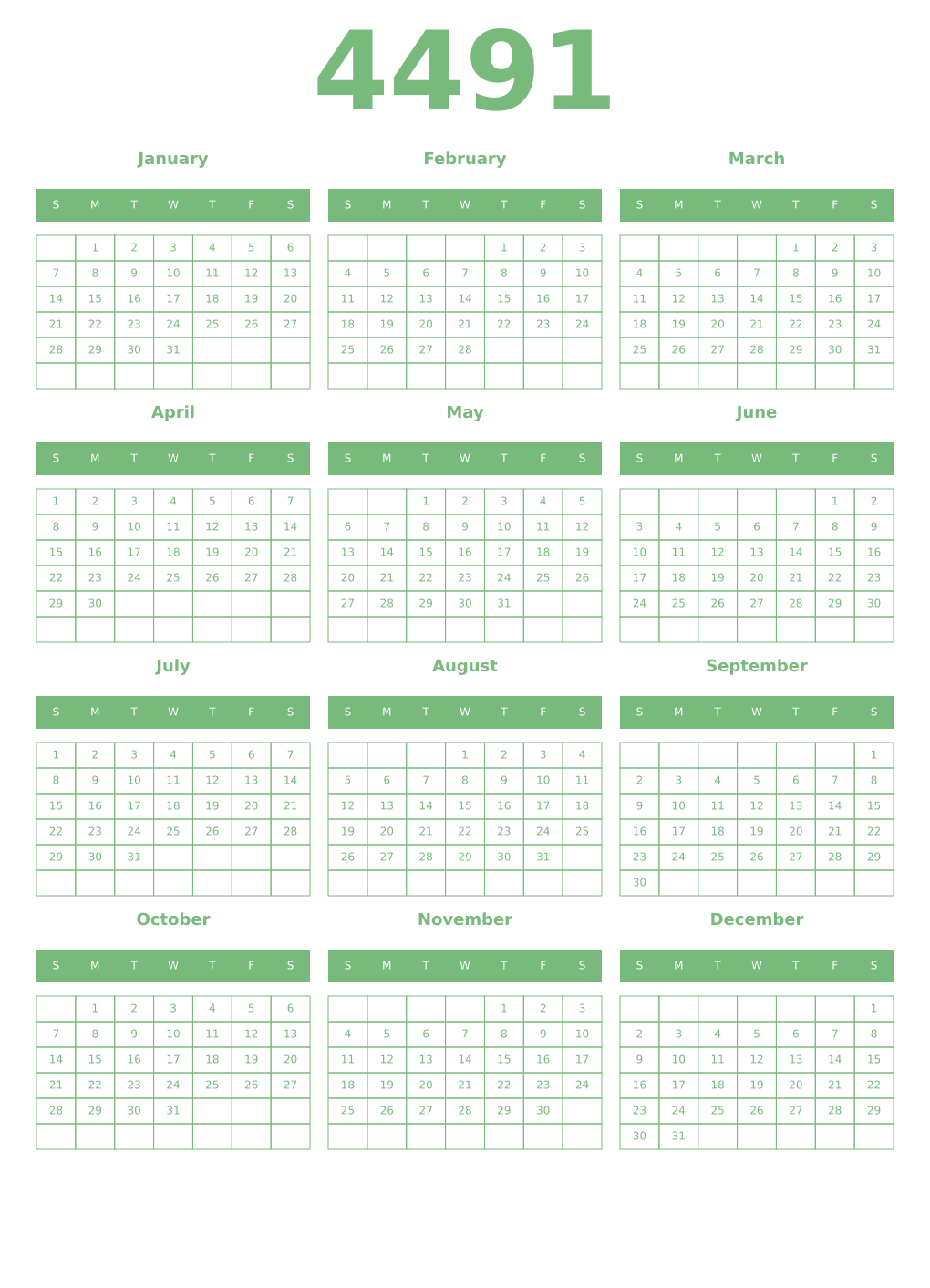 Printable 4491 Year Calendars celadon