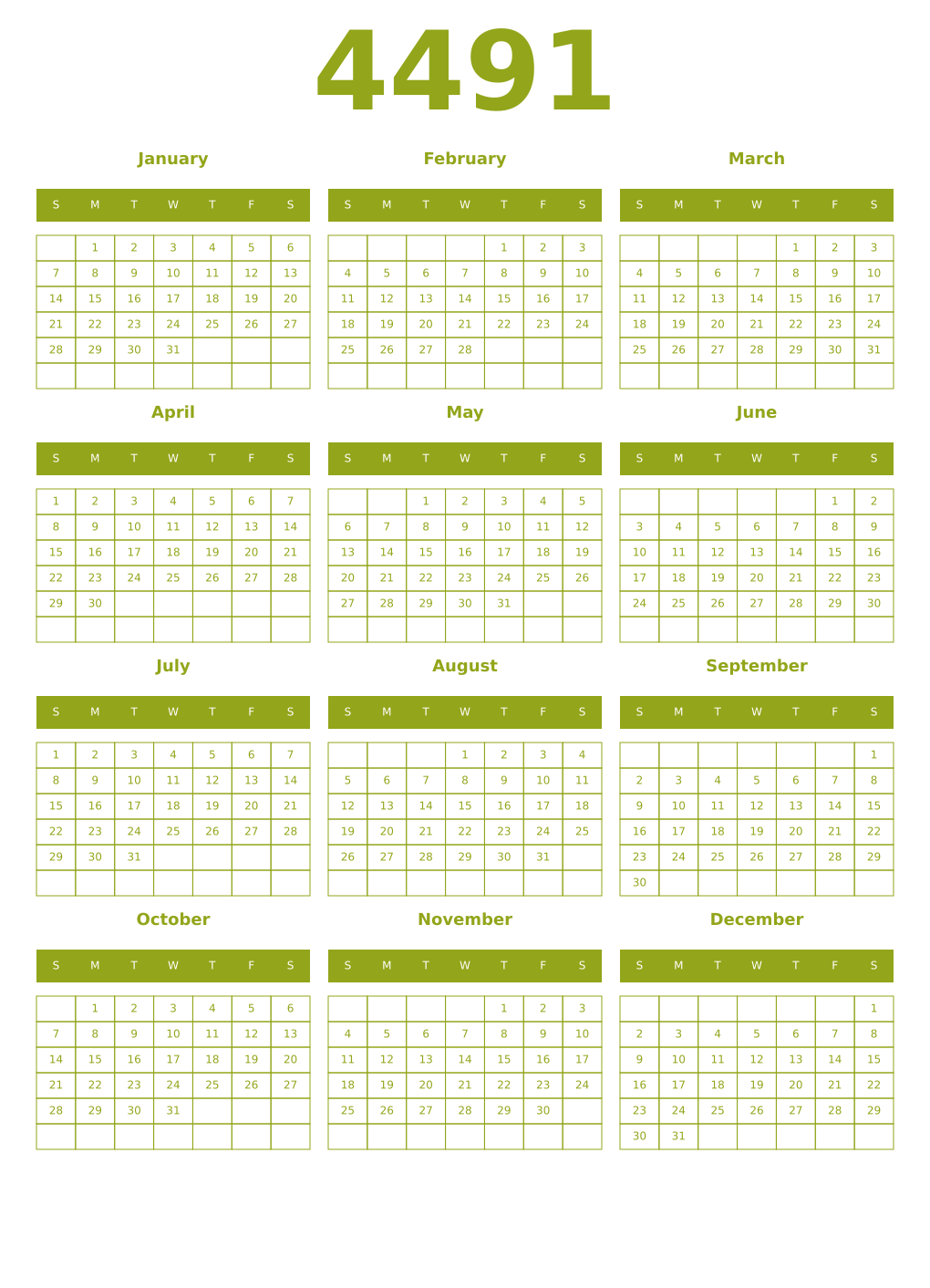 Printable 4491 Year Calendars chartreuse