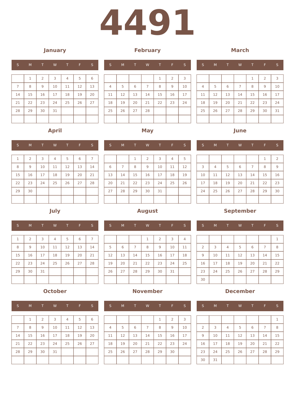Printable 4491 Year Calendars coffe