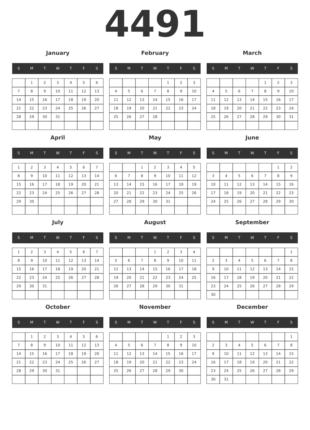 Printable 4491 Year Calendars dark