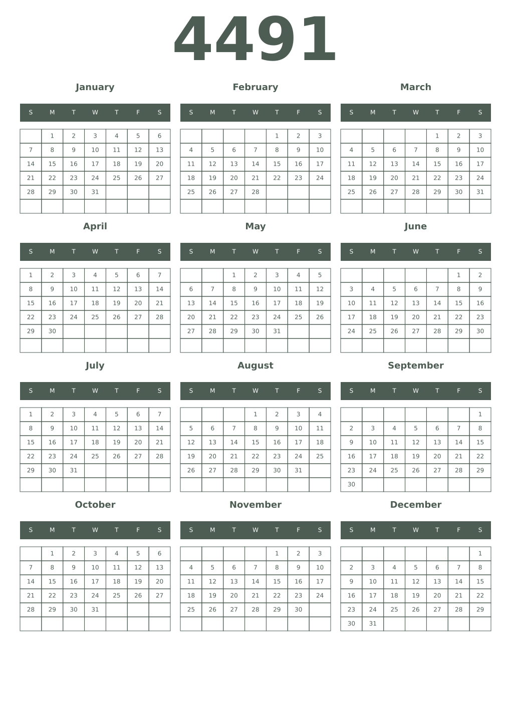 Printable 4491 Year Calendars feldgrau