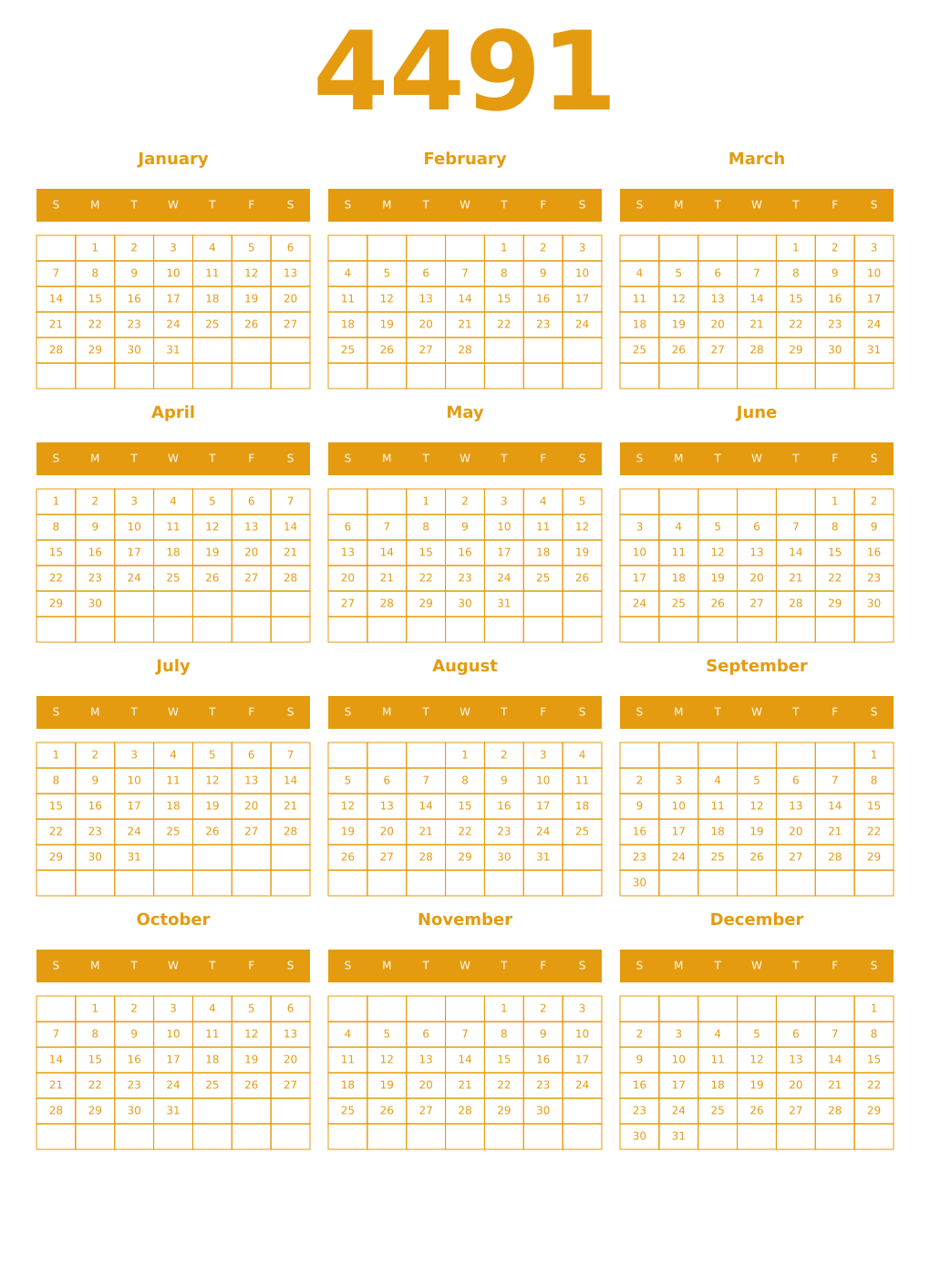 Printable 4491 Year Calendars gamboge