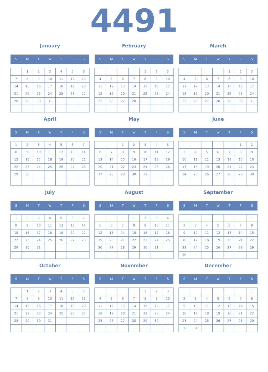 Printable 4491 Year Calendars glaucous
