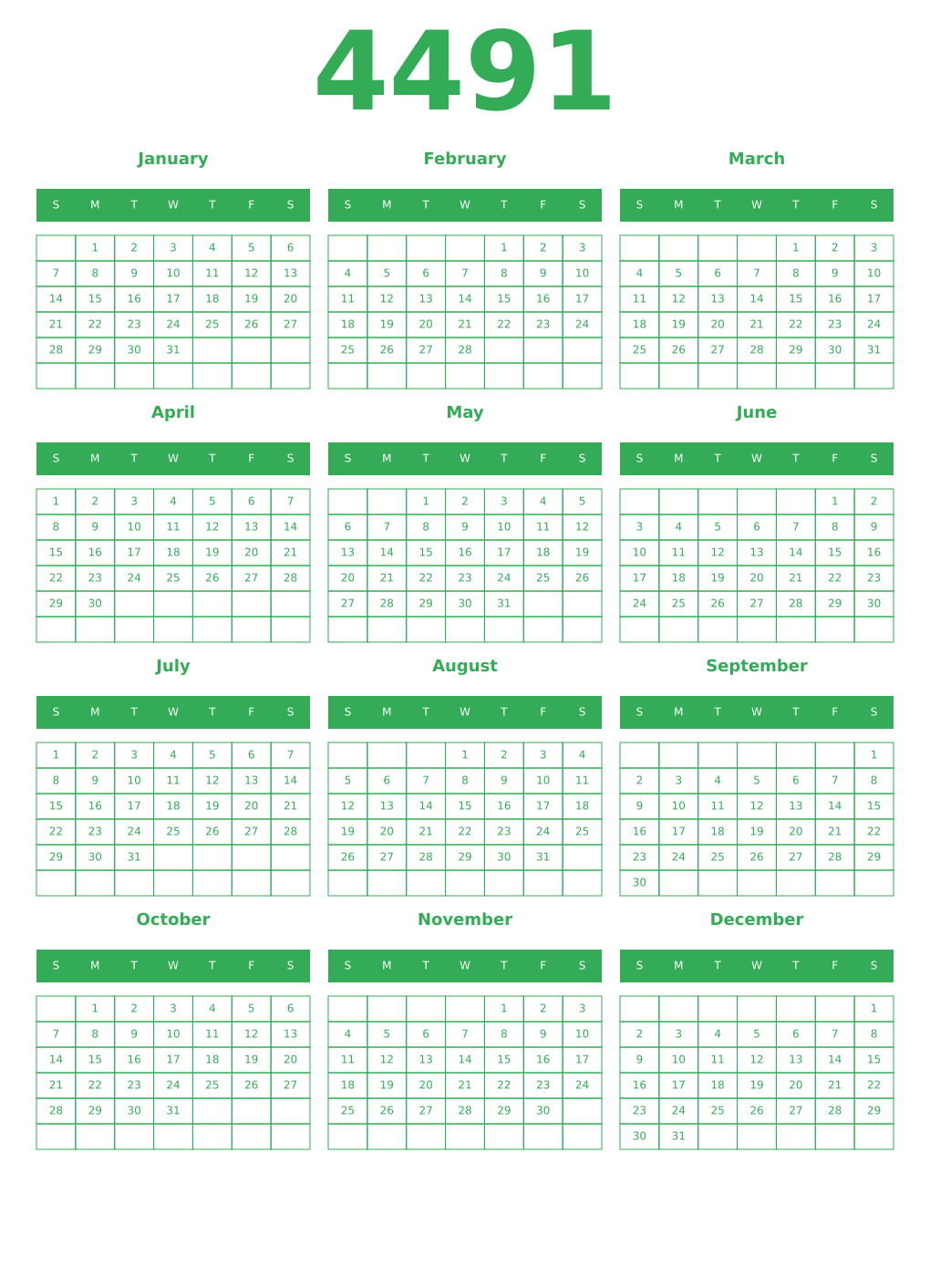 Printable 4491 Year Calendars green