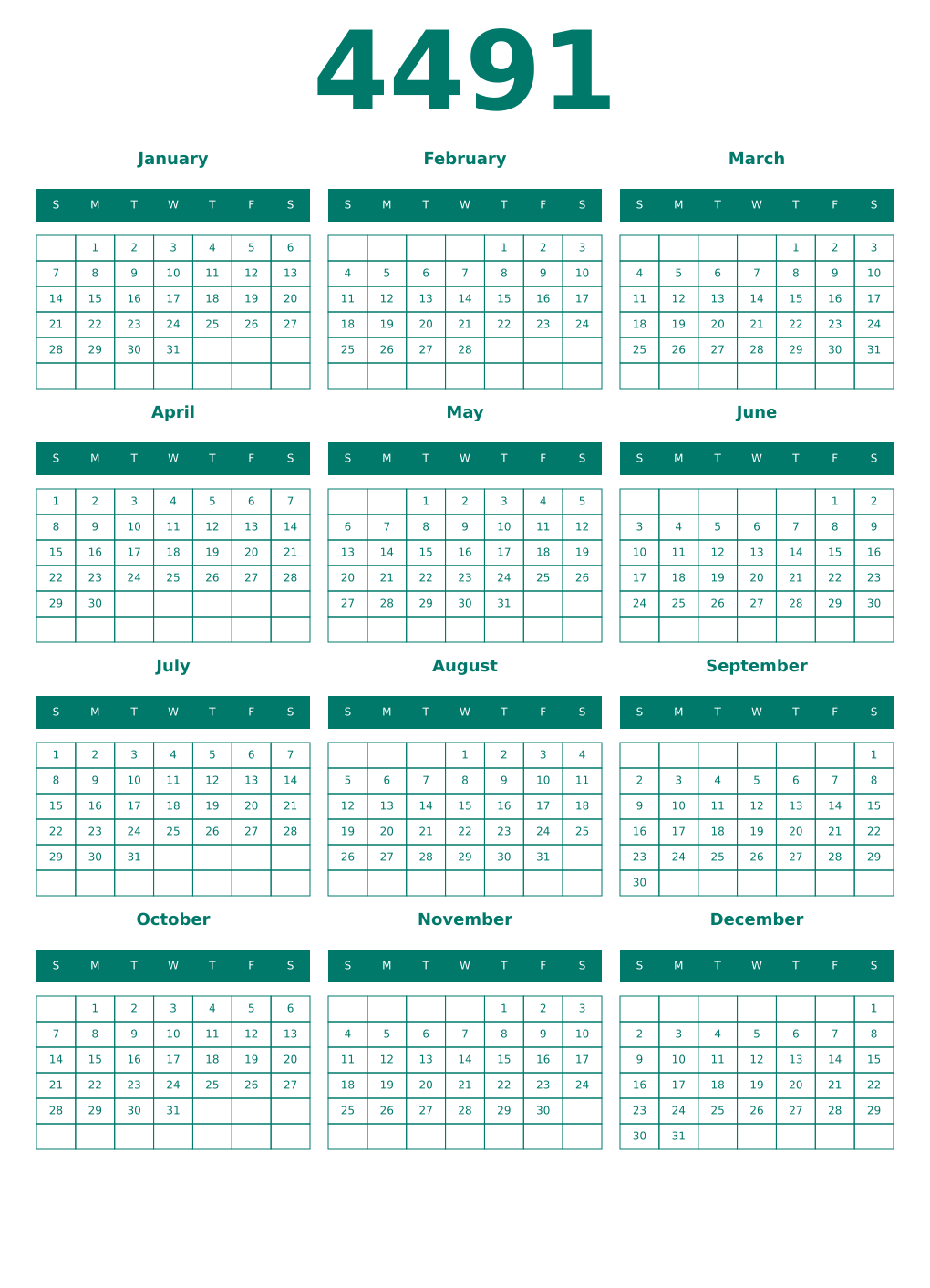 Printable 4491 Year Calendars pastel