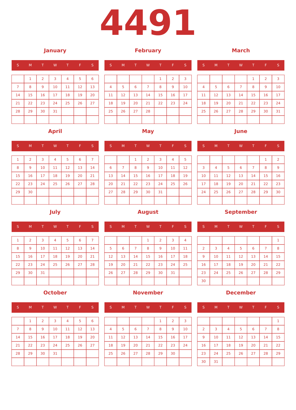 Printable 4491 Year Calendars red