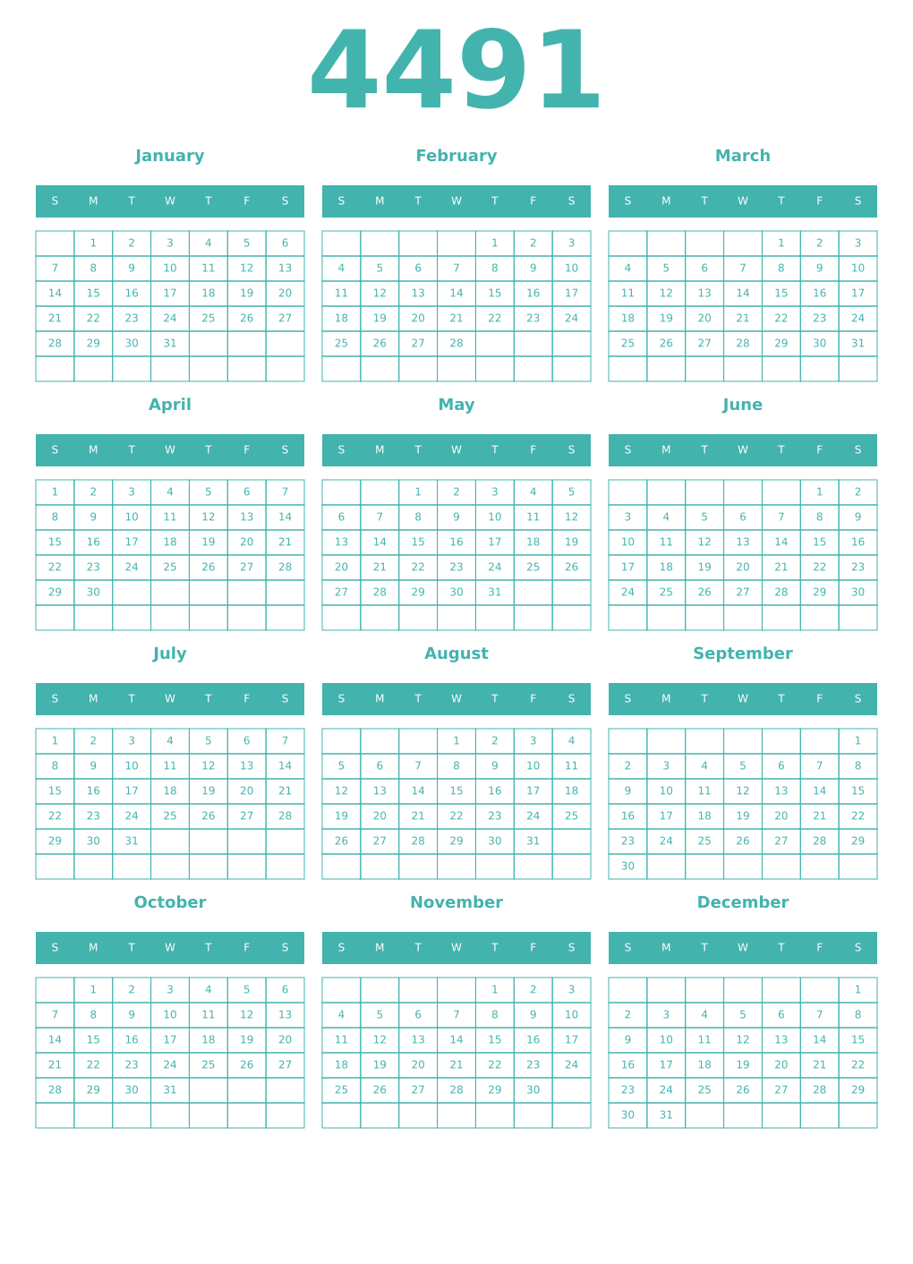 Printable 4491 Year Calendars verdigris