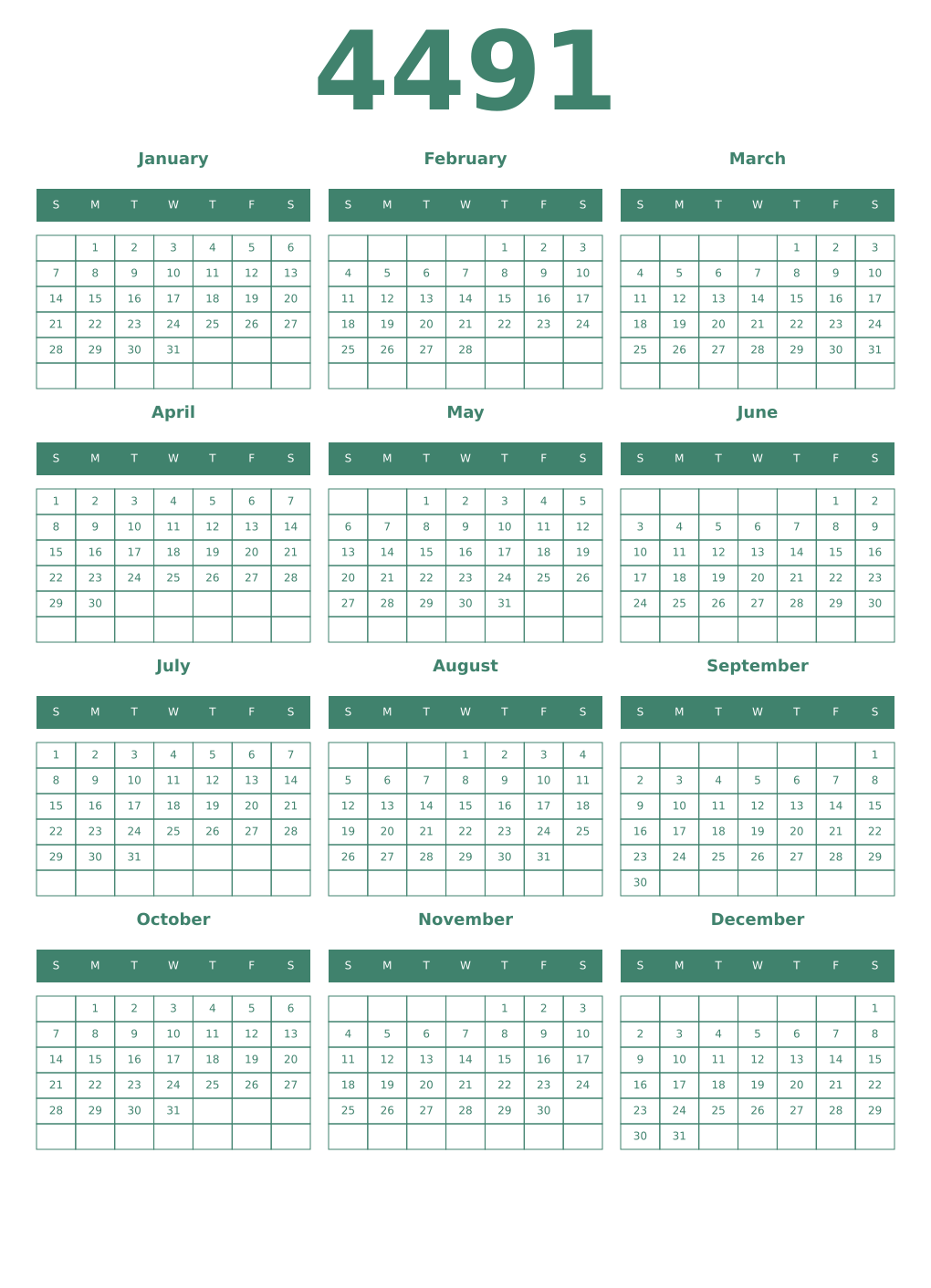 Printable 4491 Year Calendars viridian