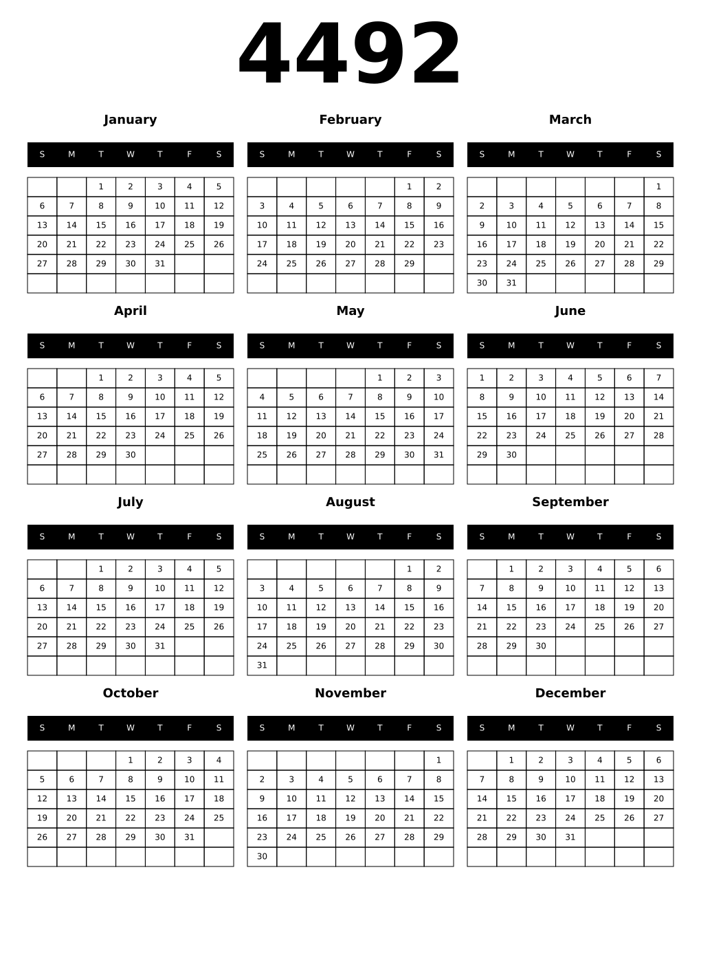 Printable 4492 Year Calendars black