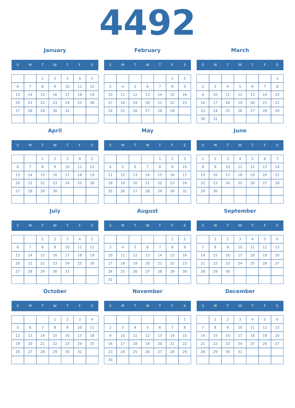 Printable 4492 Year Calendars blue