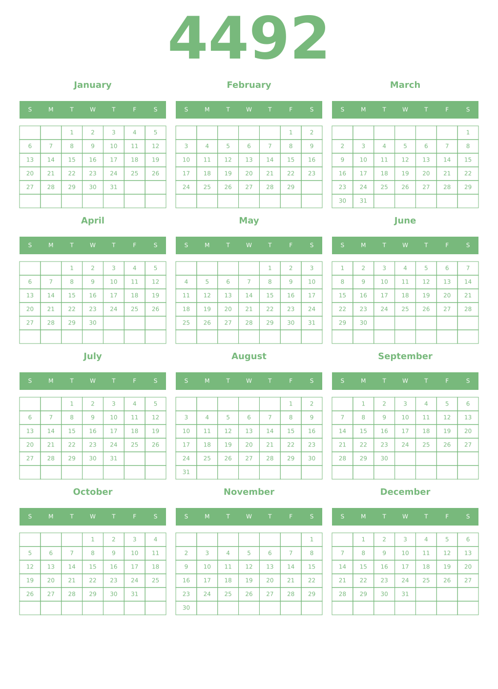 Printable 4492 Year Calendars celadon